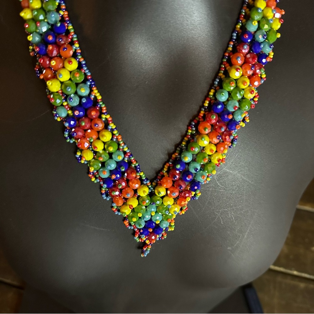 Multicolored Handmade Beaded Chaquira Necklace V-Shaped Statement Boho Choker - Picture 8 of 14